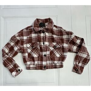 Timing Crop Top Brown Button Down Flannel Shacket Jacket Sz L Elastic Waist